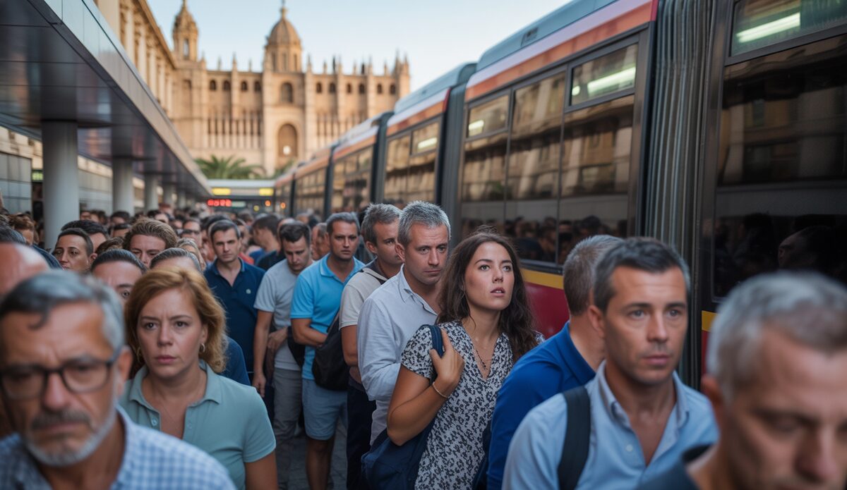 Überfüllte Busse und Menschenmengen an einer Haltestelle in Palma de Mallorca