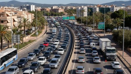 Verkehrsprobleme auf Palmas Vía de Cintura: Ursachen und Lösungen Verkehrsstau auf der Vía de Cintura in Palma mit passieren Autos und einem liegen gebliebenen Lastwagen am Straßenrand