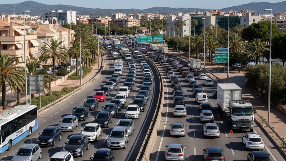 Verkehrsstau auf der Vía de Cintura in Palma mit passieren Autos und einem liegen gebliebenen Lastwagen am Straßenrand