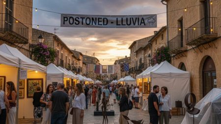 Verschiebung von Canal’Art 2025 in Santanyí wegen Regenprognose Abendliche Outdoor-Kunstveranstaltung in Santanyí mit Besuchern, Kunstwerken und bedecktem Himmel vor Regen