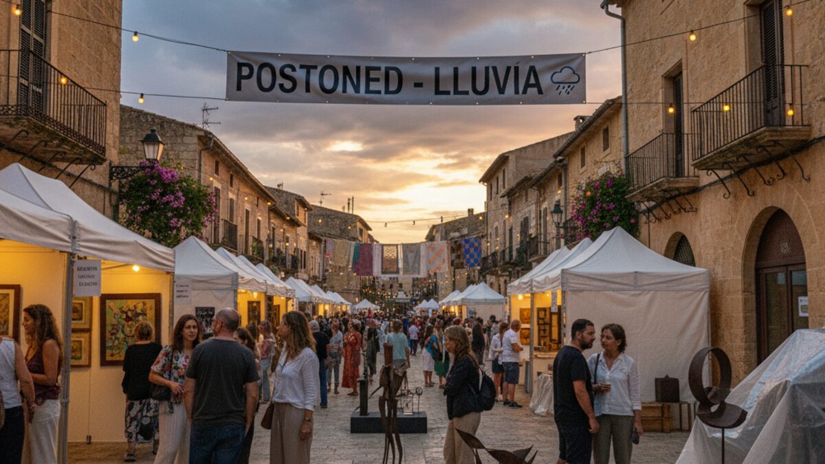Abendliche Outdoor-Kunstveranstaltung in Santanyí mit Besuchern, Kunstwerken und bedecktem Himmel vor Regen