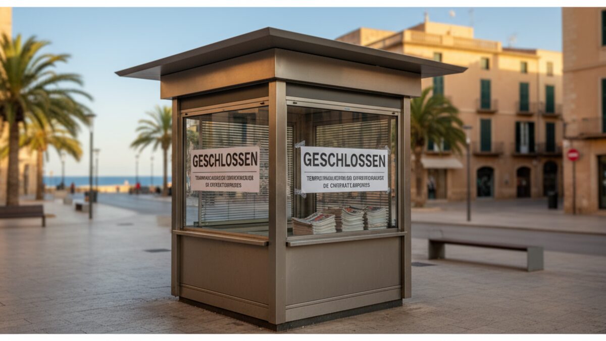 Geschlossener Presse-Kiosk in Palma de Mallorca symbolisiert den Vertragsstreit und vorübergehende Schließung