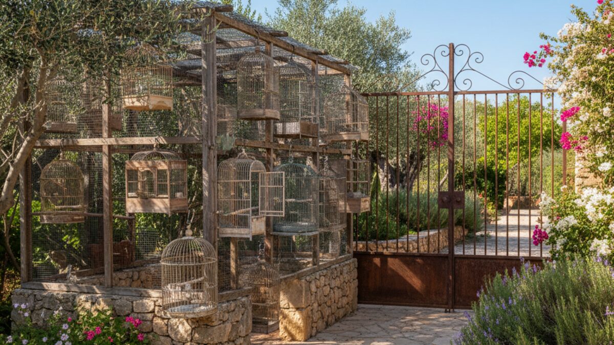Leere und geöffnete Vogelkäfige in einem großen Aviarium auf einer Finca in Palma nach einem Diebstahl von über 80 Vögeln