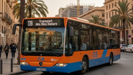Vollbremsung in Palma entfacht Debatte um Mallorcas Busnetz Überlandbus des Systems Transport de les Illes Balears (TIB) in Palma de Mallorca während der späten Nachmittagszeit nahe Calle Andrea Dòria mit Baustelle Son Dureta im Hintergrund