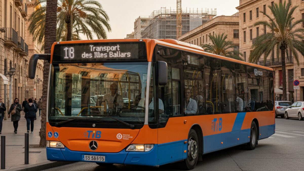Überlandbus des Systems Transport de les Illes Balears (TIB) in Palma de Mallorca während der späten Nachmittagszeit nahe Calle Andrea Dòria mit Baustelle Son Dureta im Hintergrund