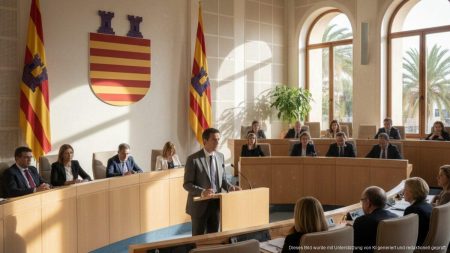 Person an einem Rednerpult im balearischen Parlament symbolisiert politische Opposition und Debatte
