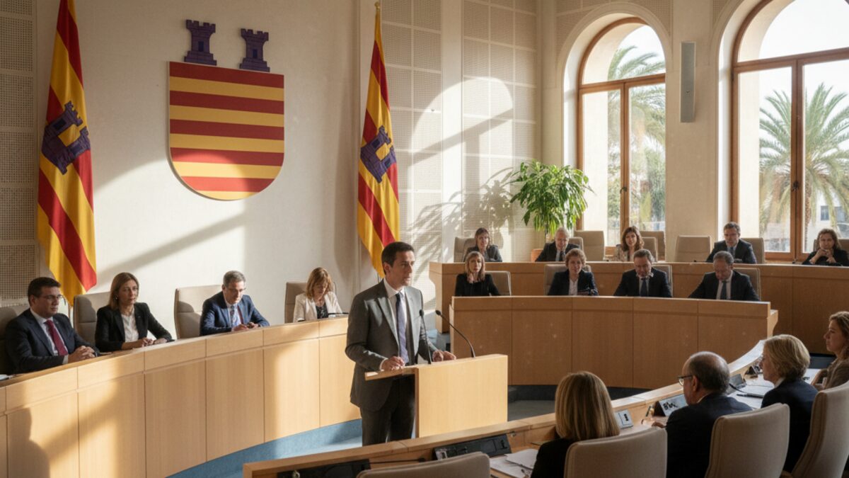 Person an einem Rednerpult im balearischen Parlament symbolisiert politische Opposition und Debatte