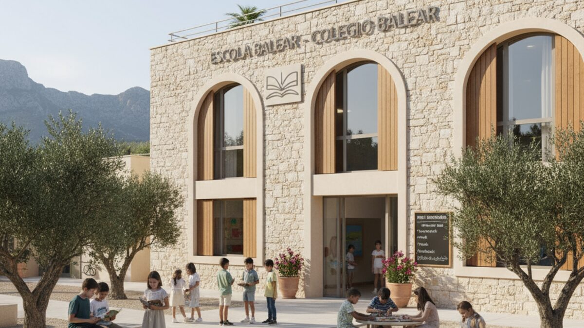 Schulgebäude auf Mallorca mit Kindern ohne religiöse Kleidung im Schulhof und mediterranen Bäumen im Hintergrund