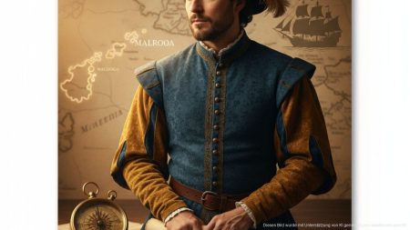 Symbolisches Porträt von Christoph Kolumbus mit einer Karte der Balearen im Hintergrund, die seine mögliche mallorquinische Herkunft illustriert