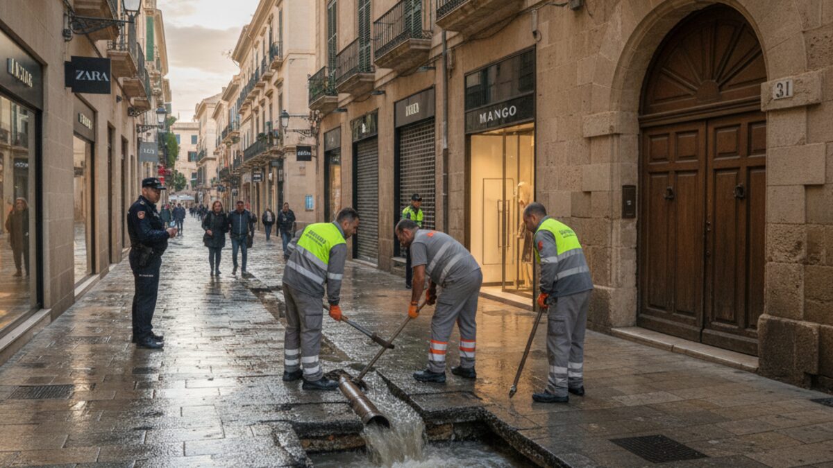 Wasserrohrbruch in der Einkaufsstraße Carrer Oms in Palma mit städtischen Einsatzkräften bei Reparaturarbeiten und überschwemmtem Straßenabschnitt.