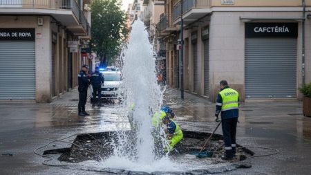 Wasserrohrbruch verursacht Überschwemmung in Palma Gebrochene Wasserleitung auf der Calle Olmos in Palma mit Arbeitern von Emaya, die eine Überschwemmung am frühen Morgen reparieren