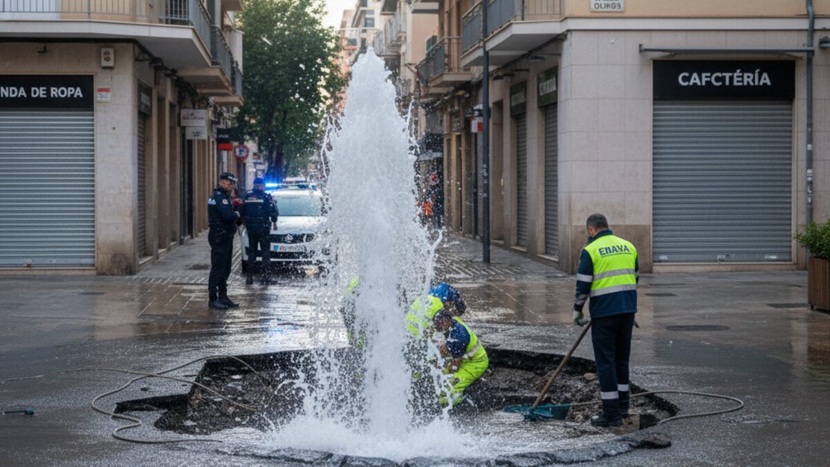 Gebrochene Wasserleitung auf der Calle Olmos in Palma mit Arbeitern von Emaya, die eine Überschwemmung am frühen Morgen reparieren