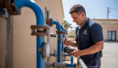 Wasserversorger auf den Balearen verbessern Effizienz durch neue Meldungspflichten Techniker inspiziert Wasserversorgungsanlage auf den Balearen für Effizienz.