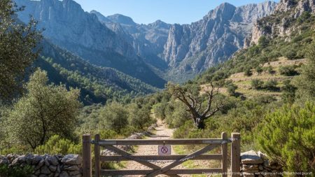 Gesperrter Wanderweg in Tramuntana auf Mallorca mit Hinweisschild