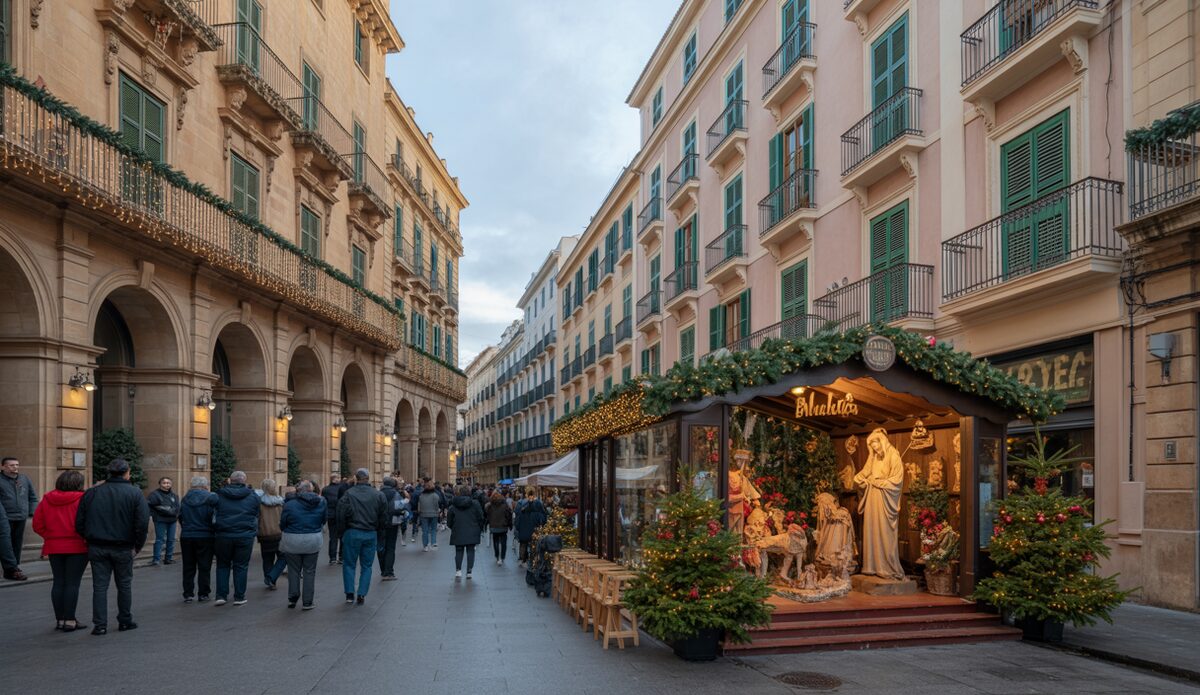 Besucher schlendern durch die weihnachtlich beleuchteten Straßen Palmas auf Mallorca.