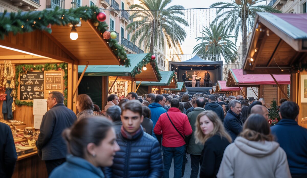 Weihnachtsmarkt in Palma de Mallorca mit Ständen und Lichtern