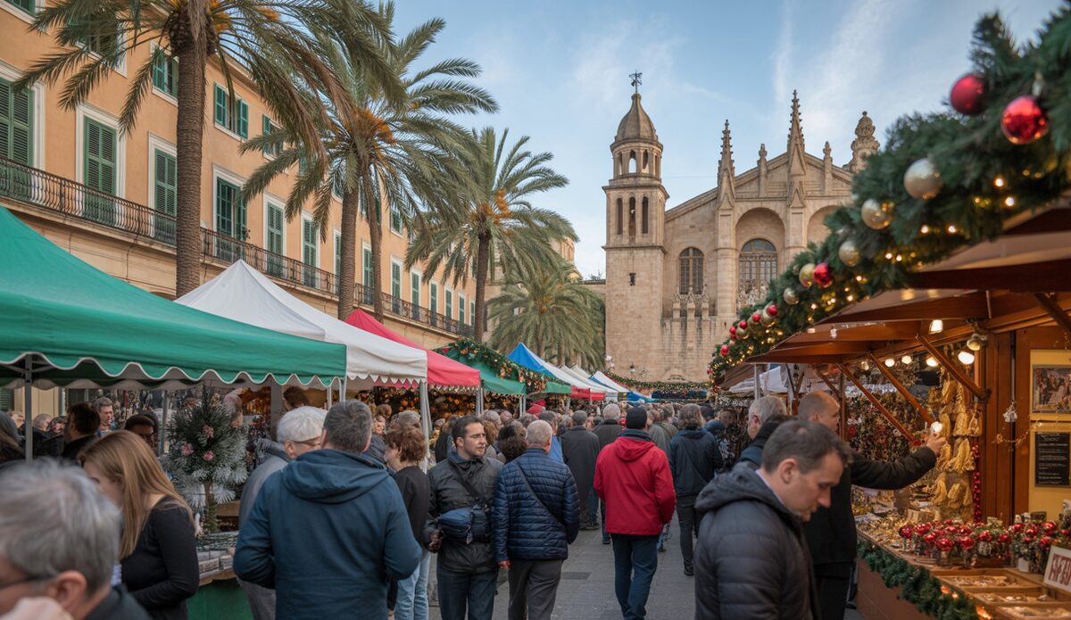 Heftige Kritik an neuem Weihnachtsmarkt in Palma Blick auf einen Weihnachtsmarkt in Palma de Mallorca mit traditionellen Ständen und festlicher Dekoration.