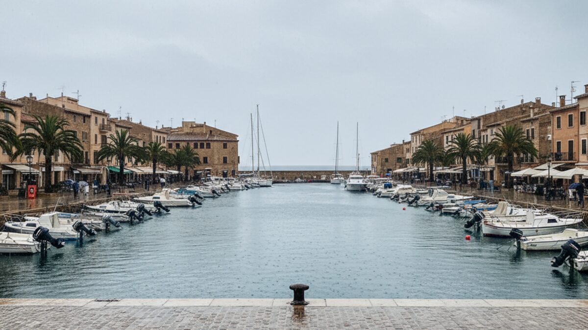 Leichter Regen über dem Hafen von Cala Rajada auf Mallorca bei mildem Wetter im Oktober