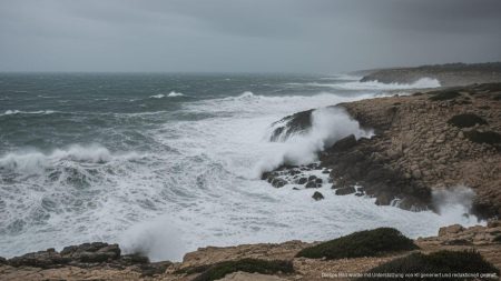 Wetterwarnung auf Mallorca: Küstenbedingungen am Sonntag gefährlich Stürmische Küstenlandschaft auf Mallorca mit hohen Wellen und bewölktem Himmel bei windigen Wetterbedingungen