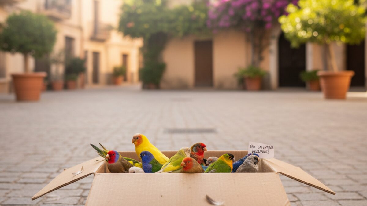 Gruppe bunter Vögel in einem geöffneten Karton in einem Wohngebiet von Son Ferriol, Mallorca, nach Diebstahl wiedergefunden