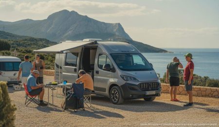 Wohnmobilstellplatz in Son Serra de Marina auf Mallorca mit Campern und Bergblick