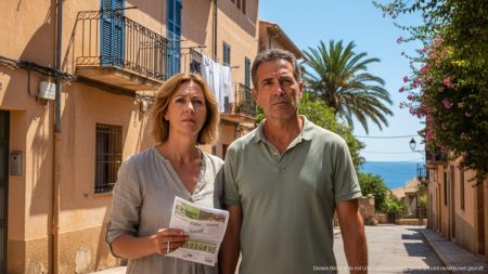 Ein spanisches Rentnerpaar steht vor einer Wohnung auf Mallorca.