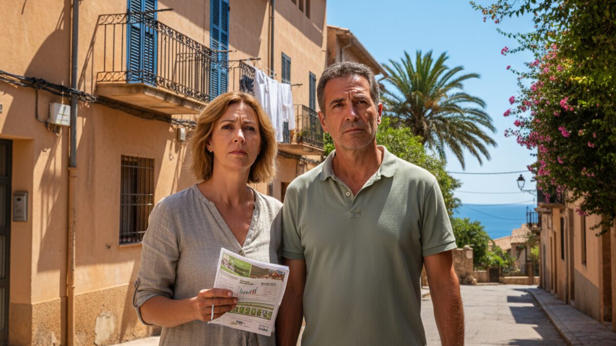 Ein spanisches Rentnerpaar steht vor einer Wohnung auf Mallorca.