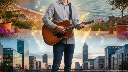 Junger Musiker vor einer Kulisse, die Mallorca und eine deutsche Stadt zeigt, symbolisiert Yaris Makkays Debütalbum und seine Verbindung zwischen beiden Orten