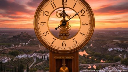 Zeitumstellung in Spanien: Ein komplexes Erbe der Geschichte Uhr zur Zeitumstellung vor spanischer Landschaft im Sonnenuntergang