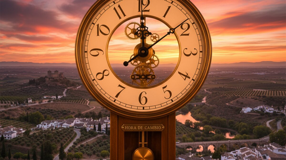 Uhr zur Zeitumstellung vor spanischer Landschaft im Sonnenuntergang