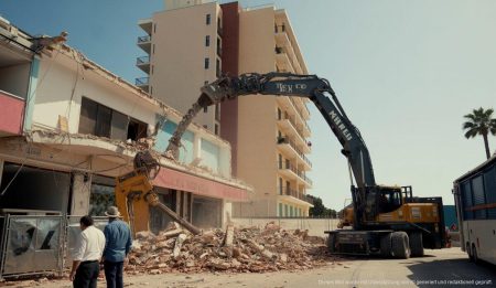 Abriss des Teix Hotels in Magaluf durch große Baumaschinen, im Hintergrund sonniger Himmel Mallorcas
