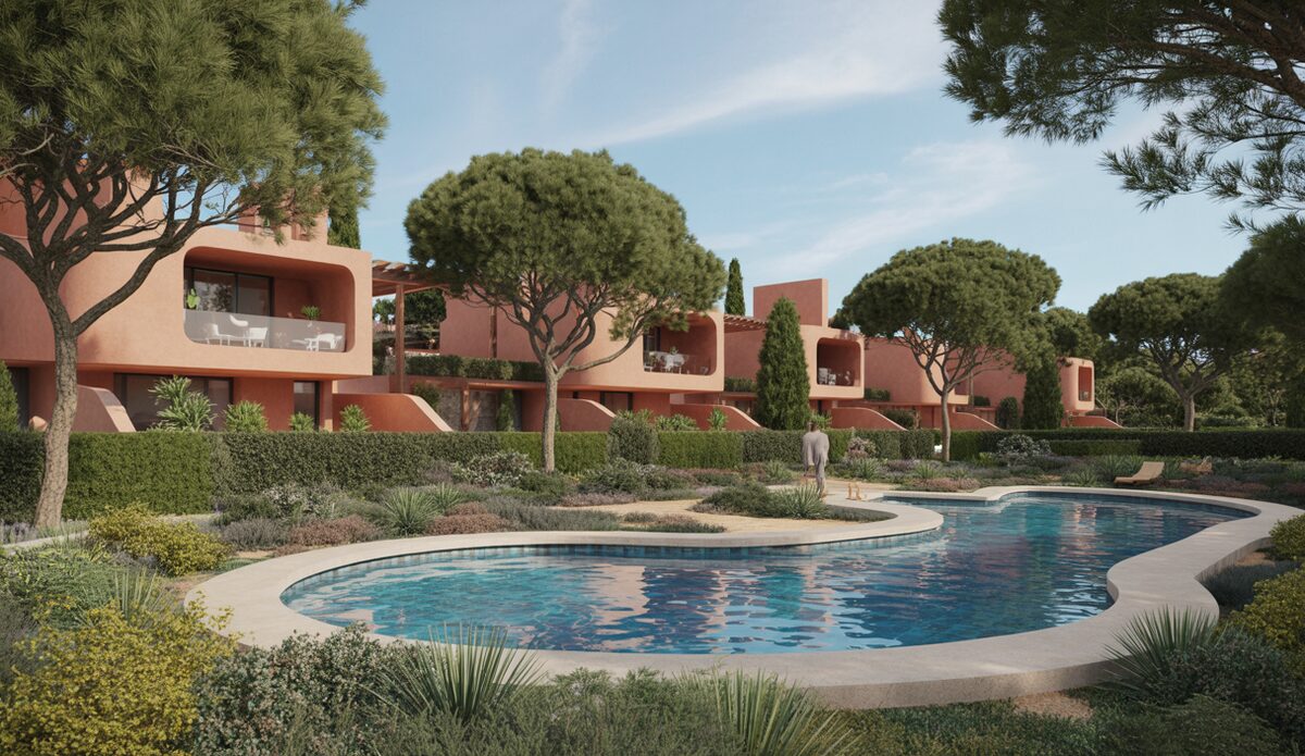 Mediterrane Wohnanlage Adelfas de Es Trenc auf Mallorca mit Salzwasserpool und grünen Landschaften.