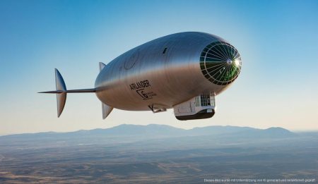 Airlander 10: Innovative Antriebe revolutionieren Flugverkehr Der Airlander 10 schwebt über der spanischen Landschaft bei klarem Himmel.