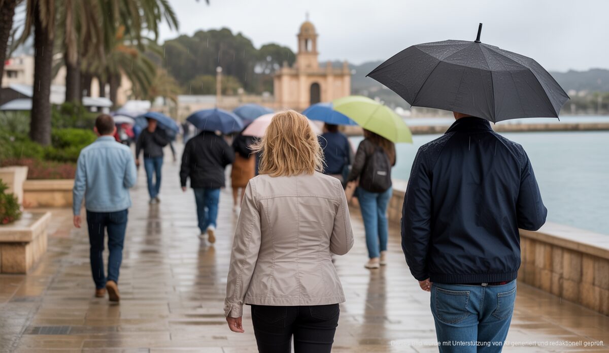 Alcúdia bei mildem Wetter und Regenstimmung, Menschen mit Schirmen am Strand