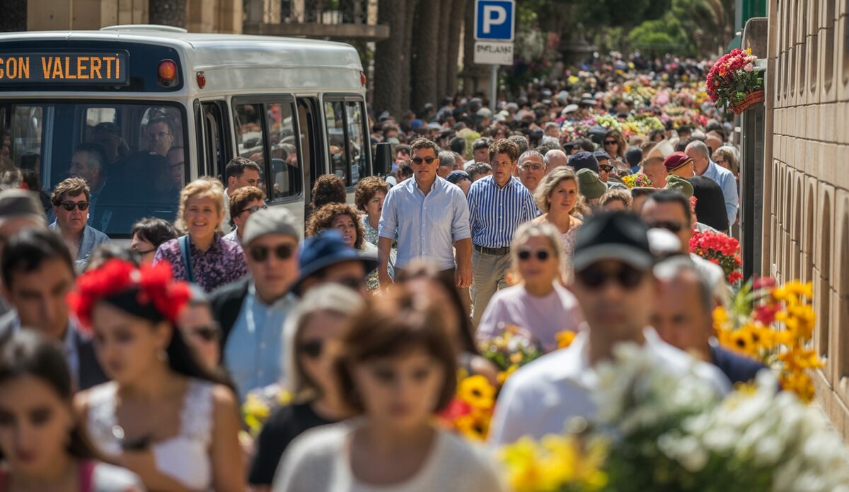 Blumengeschmückter Friedhof in Palma mit Menschen und Musikern während Allerheiligen