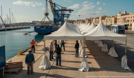 Aufbau von Migrationszentren am Hafen von Palma gestartet Aufbau von Zelten für Migranten am Hafen von Palma