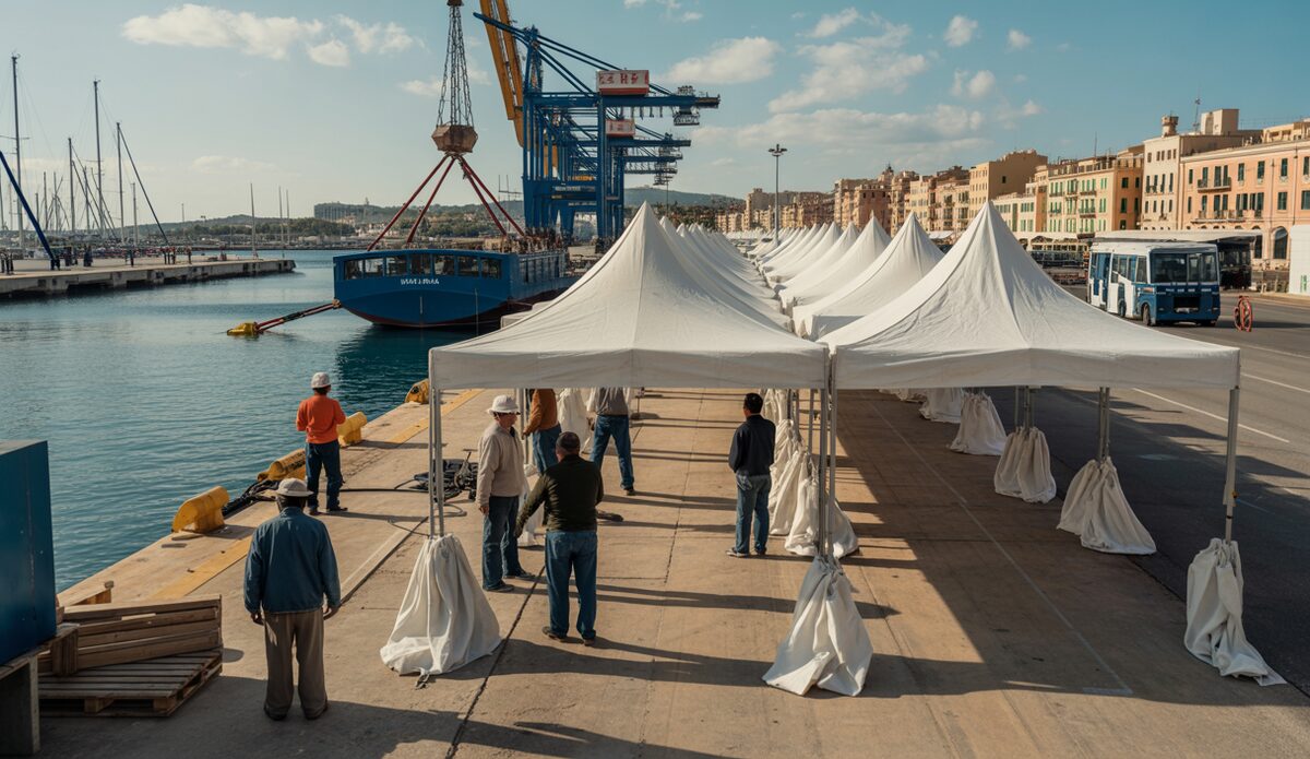 Aufbau von Zelten für Migranten am Hafen von Palma