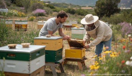 Abella i Flor belebt die Bienenkultur auf Mallorca Beekeepers inspecting hives in Mallorca surrounded by diverse flora.