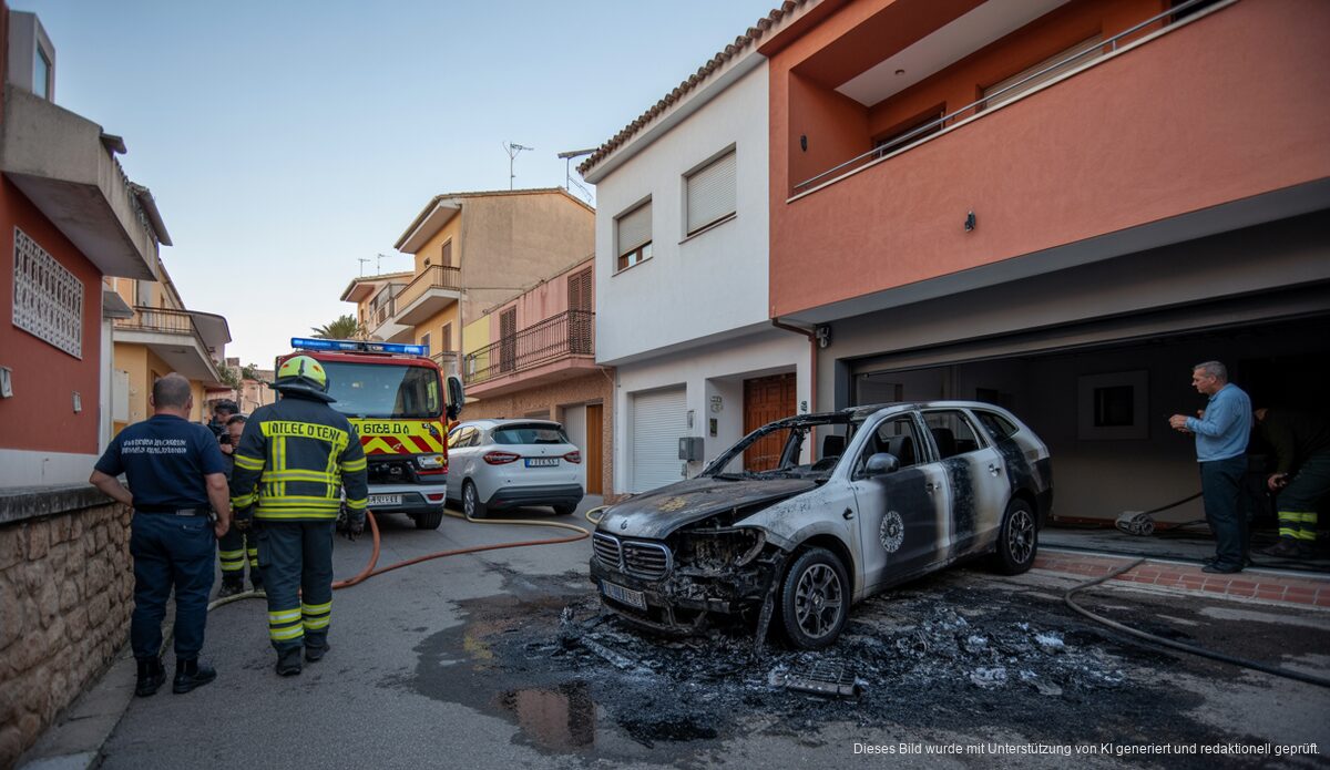 Garage nach Brand in Muro auf Mallorca mit Feuerwehr und Anwohnern