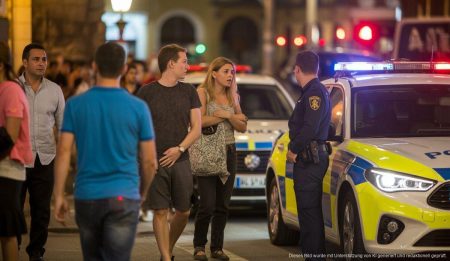 Hektische Nachtszene in Santa Catalina, Palma de Mallorca mit Polizei und Sanitätern.