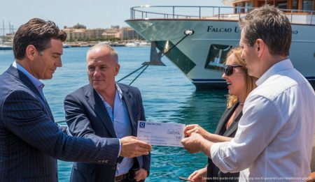 Club de Mar-Mallorca spendete an Stiftung für Meeresschutz Spendenübergabe auf der Yacht Falcao Uno in Palma de Mallorca