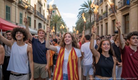 Subventioniertes Jugendevent: Correllengua feiert katalanische Sprache Jugendliche bei der Feier des Correllengua mit Fackeln und Bannern in Palma de Mallorca