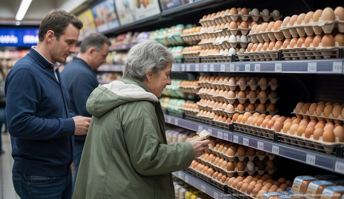 Regale mit Eierkartons in Supermarkt auf Mallorca, steigende Preise wegen Vogelgrippe