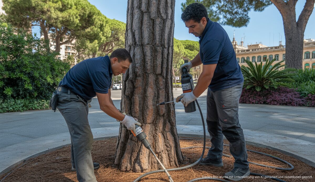 Arbeiter in Palma de Mallorca injizieren Präventivmaßnahme in Kiefernstamm