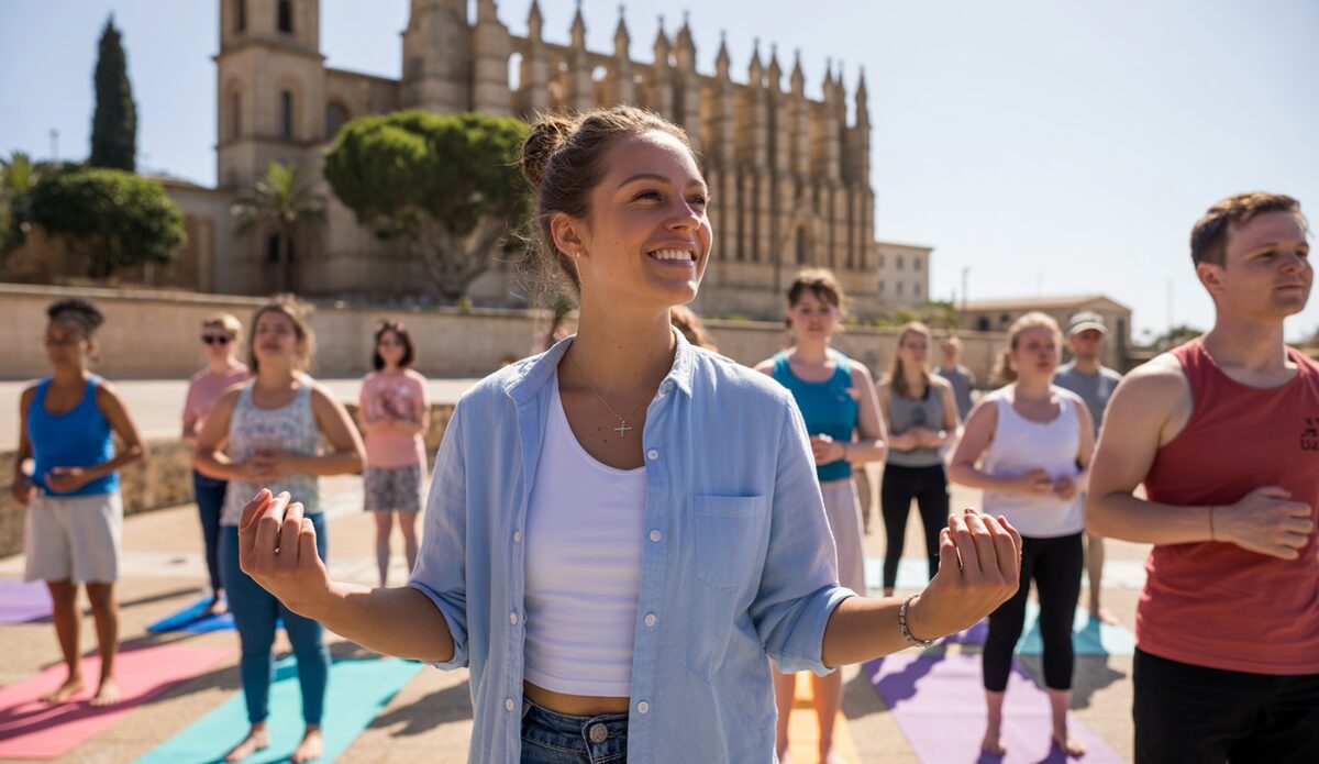 Olivia Scheib, junge Pfarrerin auf Mallorca, bei christlichem Yoga