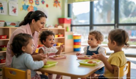 Erweiterte Kinderbetreuung in Alaró stärkt Familien Erzieherinnen im Kindergarten Es Nieró kümmern sich um Kinder beim Mittagessen.
