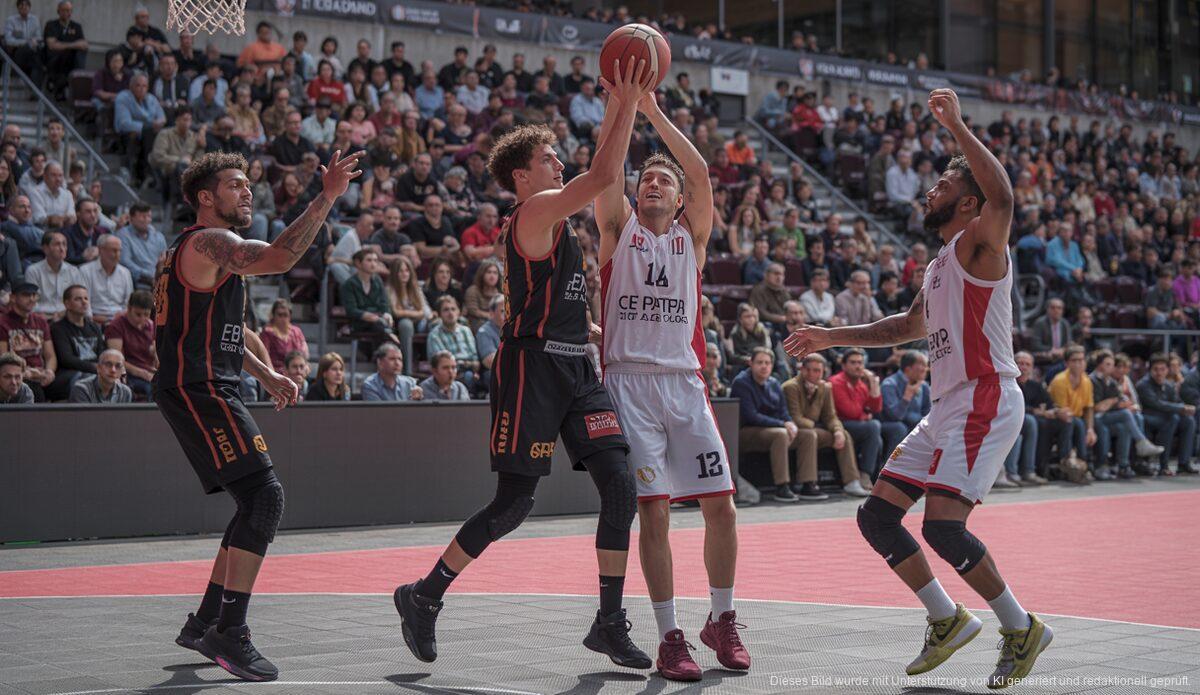 Spieler des Fibwi Palma bei einem spannenden Basketballspiel in einem großen Stadion