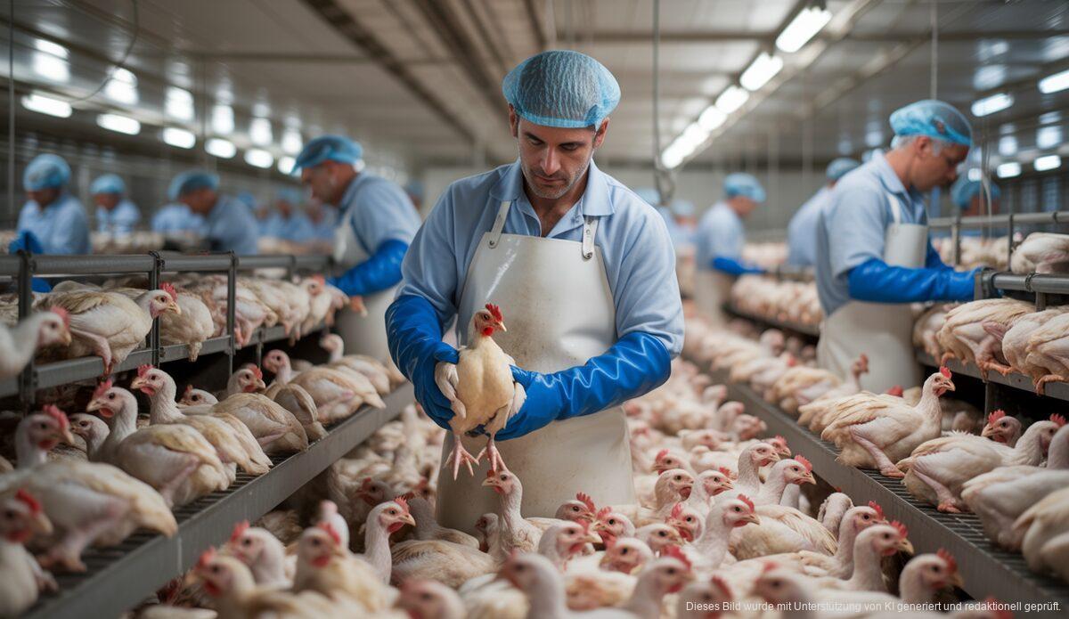 Mitarbeiter bei der Hühnerschlachtung im Schlachthof von Inca
