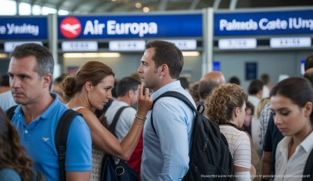 Passagiere am Flughafen Palma de Mallorca bei Air Europa Schalter