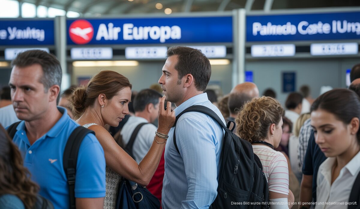 Passagiere am Flughafen Palma de Mallorca bei Air Europa Schalter